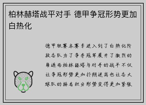 柏林赫塔战平对手 德甲争冠形势更加白热化