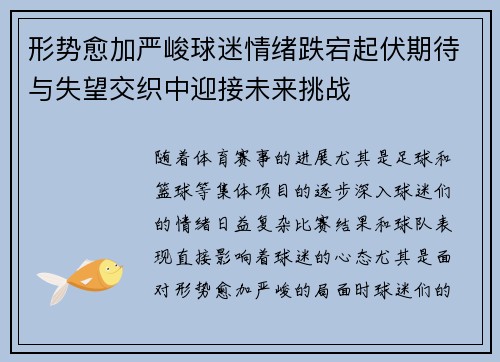 形势愈加严峻球迷情绪跌宕起伏期待与失望交织中迎接未来挑战