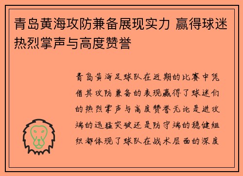 青岛黄海攻防兼备展现实力 赢得球迷热烈掌声与高度赞誉