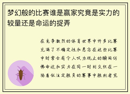 梦幻般的比赛谁是赢家究竟是实力的较量还是命运的捉弄