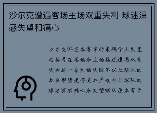 沙尔克遭遇客场主场双重失利 球迷深感失望和痛心