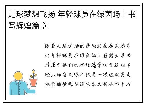 足球梦想飞扬 年轻球员在绿茵场上书写辉煌篇章