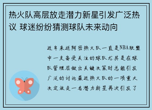 热火队高层放走潜力新星引发广泛热议 球迷纷纷猜测球队未来动向