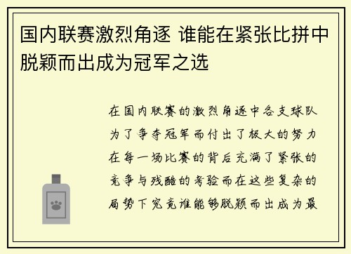 国内联赛激烈角逐 谁能在紧张比拼中脱颖而出成为冠军之选