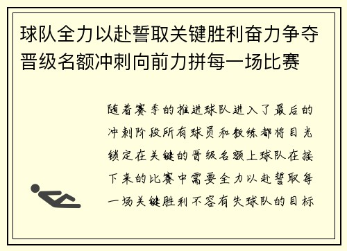 球队全力以赴誓取关键胜利奋力争夺晋级名额冲刺向前力拼每一场比赛